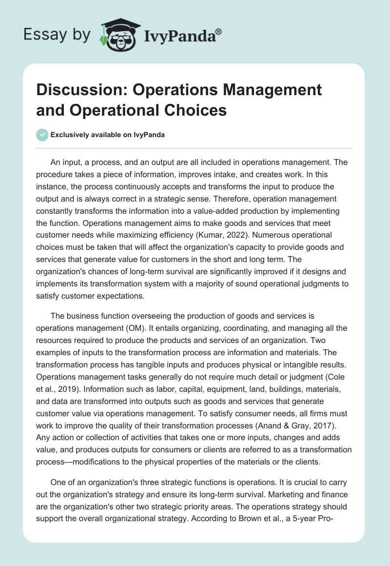 Discussion: Operations Management and Operational Choices. Page 1