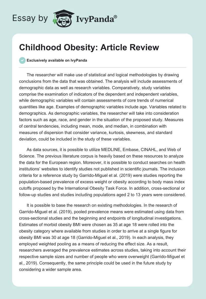 Childhood Obesity: Article Review. Page 1