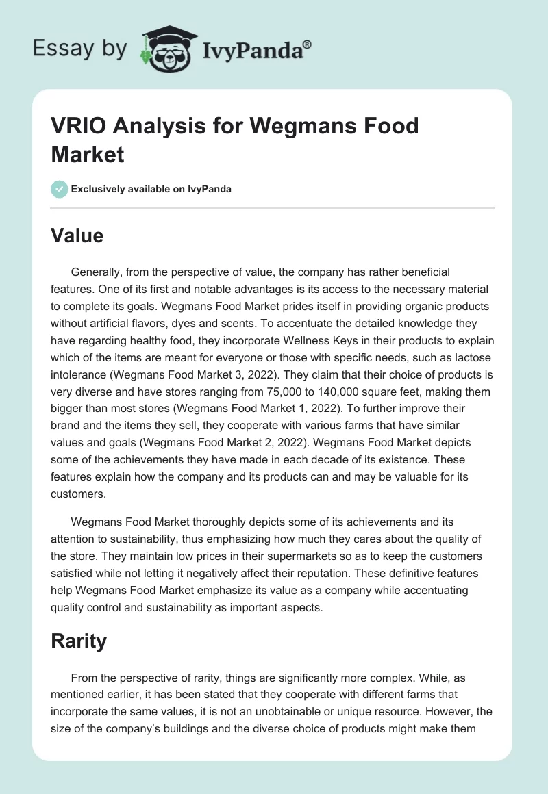 VRIO Analysis for Wegmans Food Market. Page 1