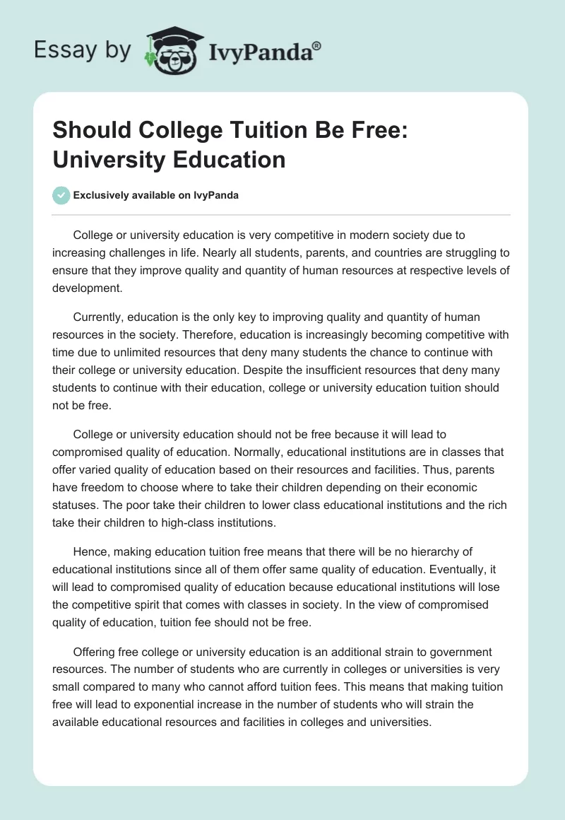 Should College Tuition Be Free: University Education. Page 1