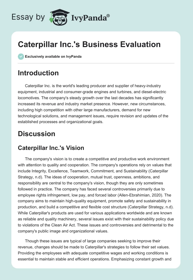 Caterpillar Inc.'s Business Evaluation. Page 1