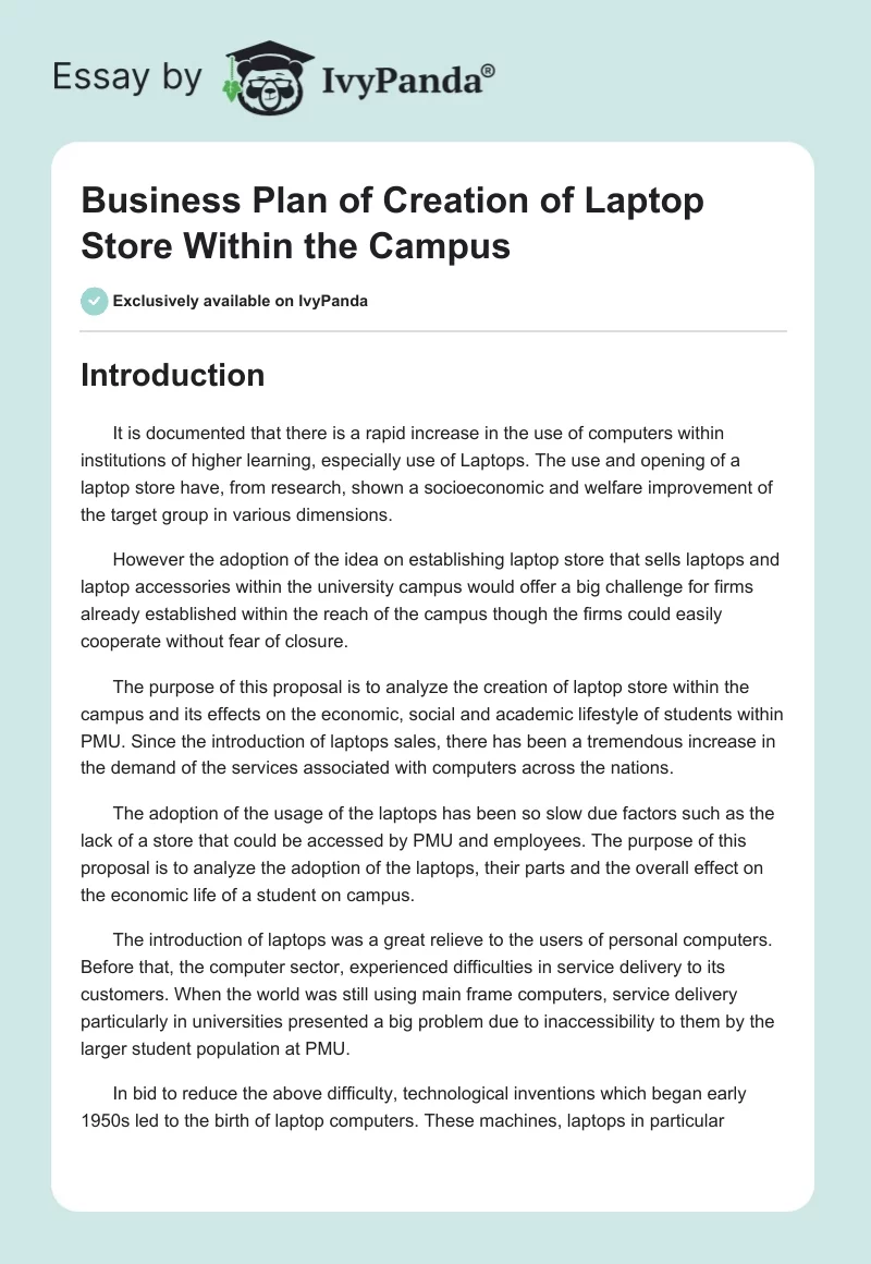 Business Plan of Creation of Laptop Store Within the Campus. Page 1