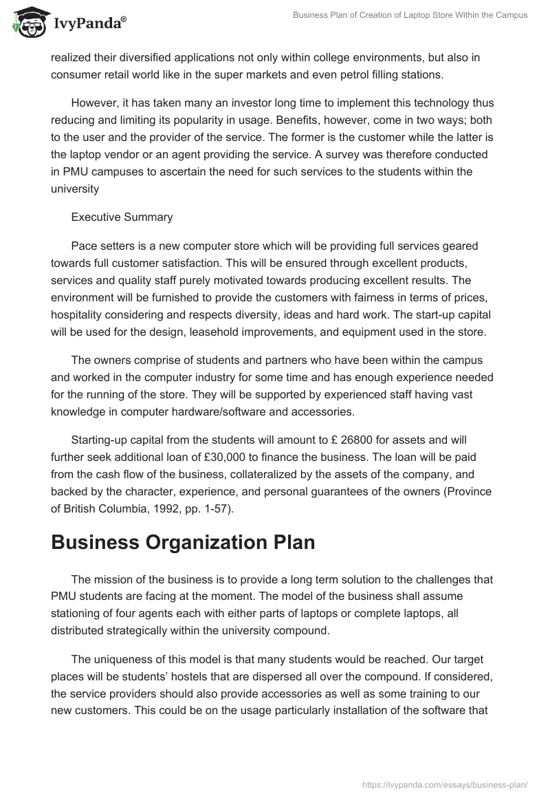 Business Plan of Creation of Laptop Store Within the Campus. Page 2