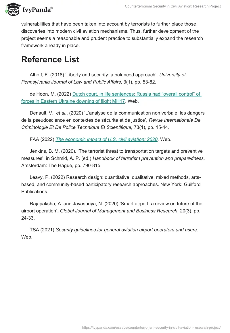 Counterterrorism Security in Civil Aviation: Research Project. Page 4