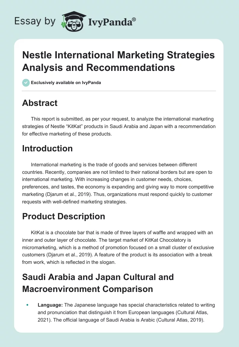 Nestle International Marketing Strategies Analysis and Recommendations. Page 1