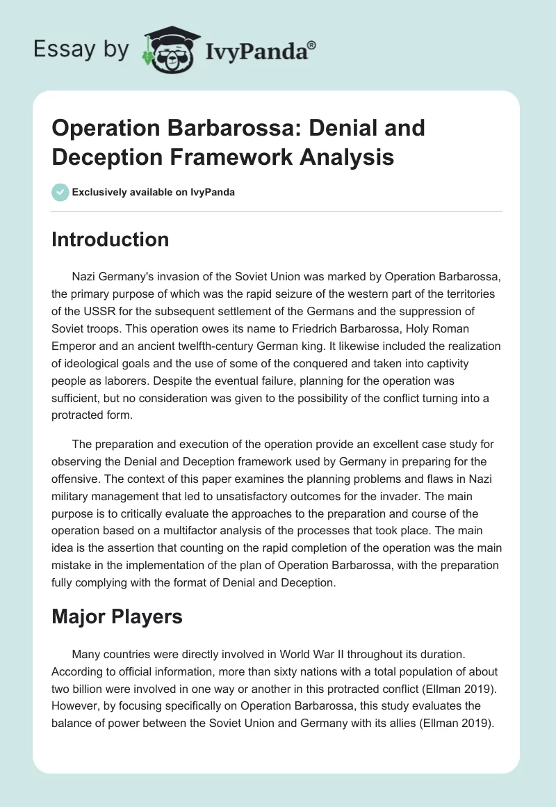 Operation Barbarossa: Denial and Deception Framework Analysis. Page 1