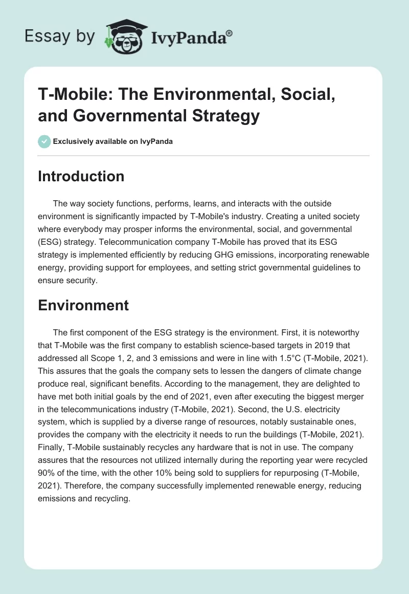 T-Mobile: The Environmental, Social, and Governmental Strategy. Page 1