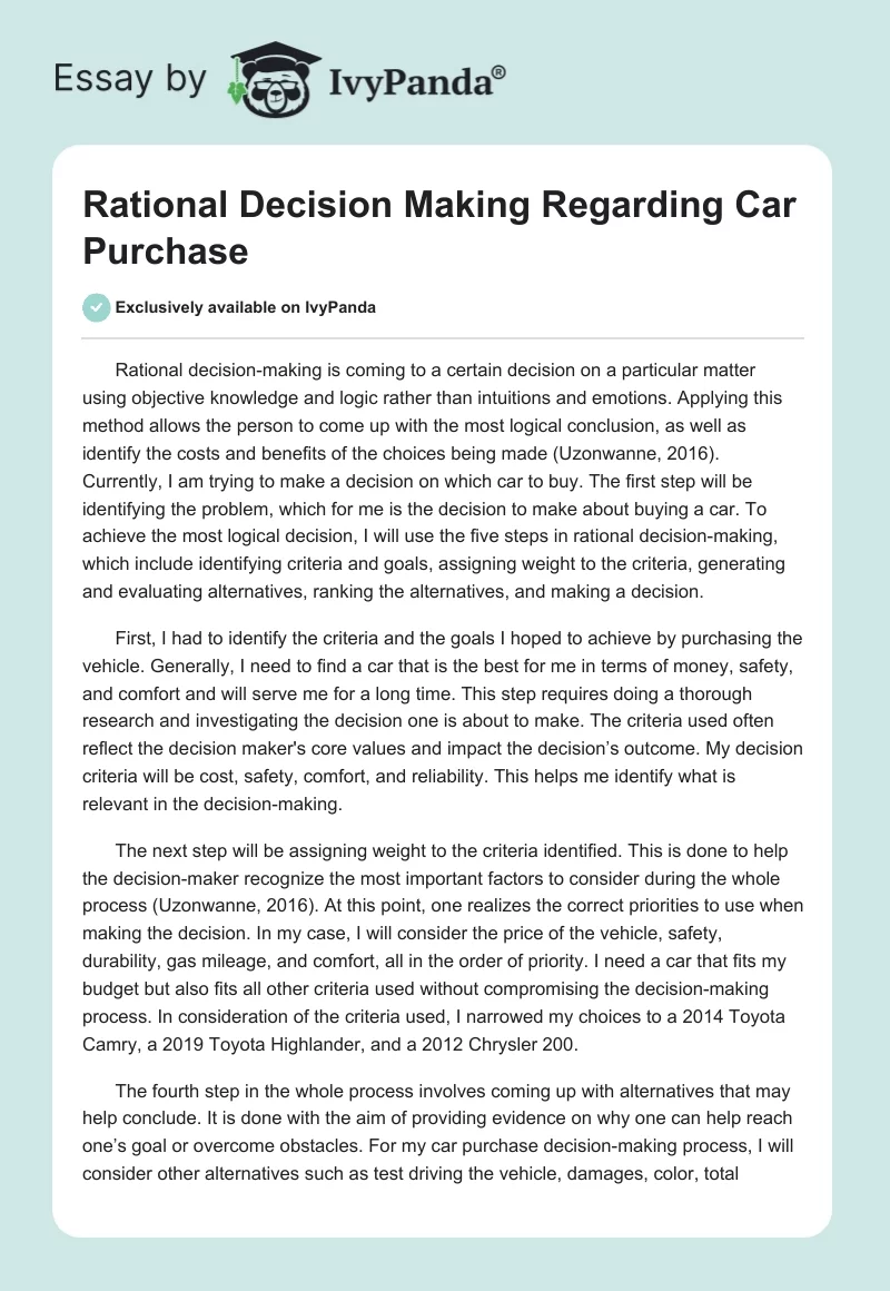 Rational Decision Making Regarding Car Purchase. Page 1