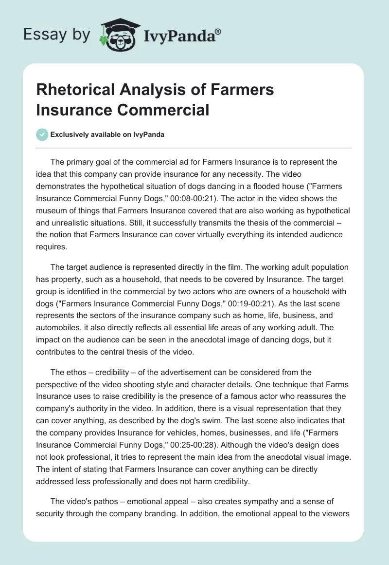 Rhetorical Analysis of Farmers Insurance Commercial. Page 1