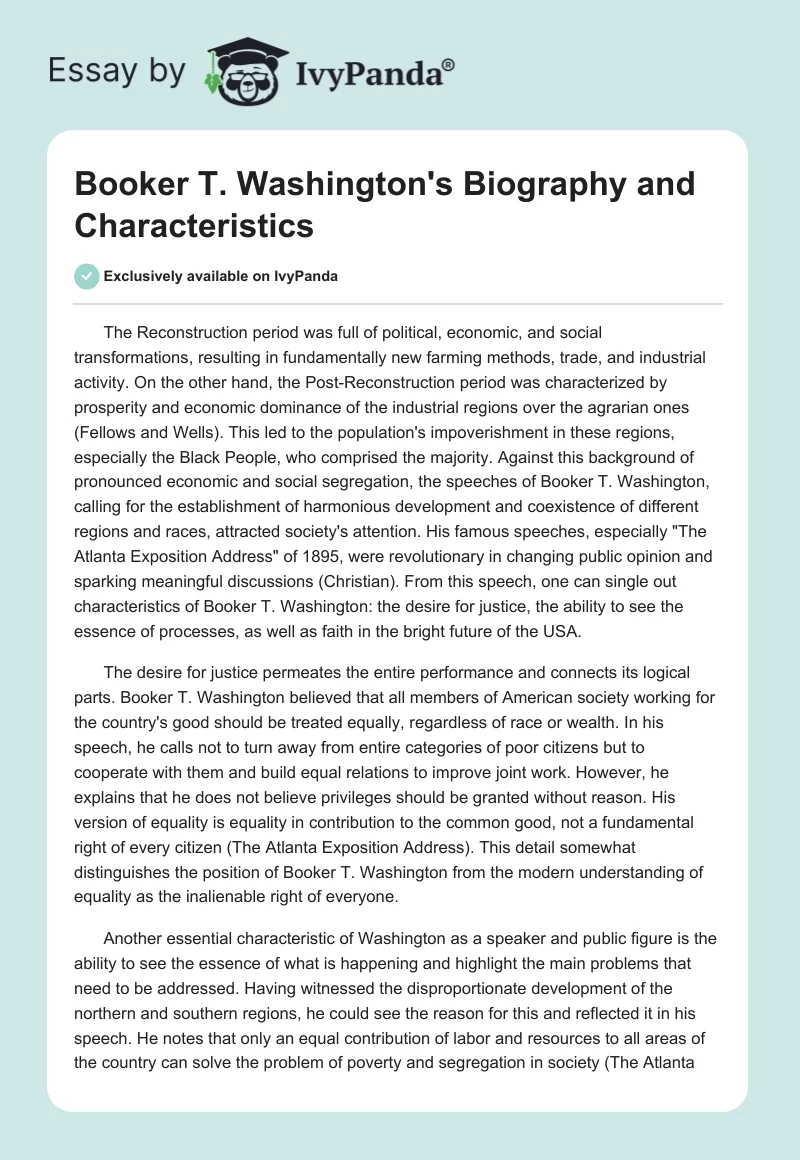 Booker T. Washington's Biography and Characteristics. Page 1