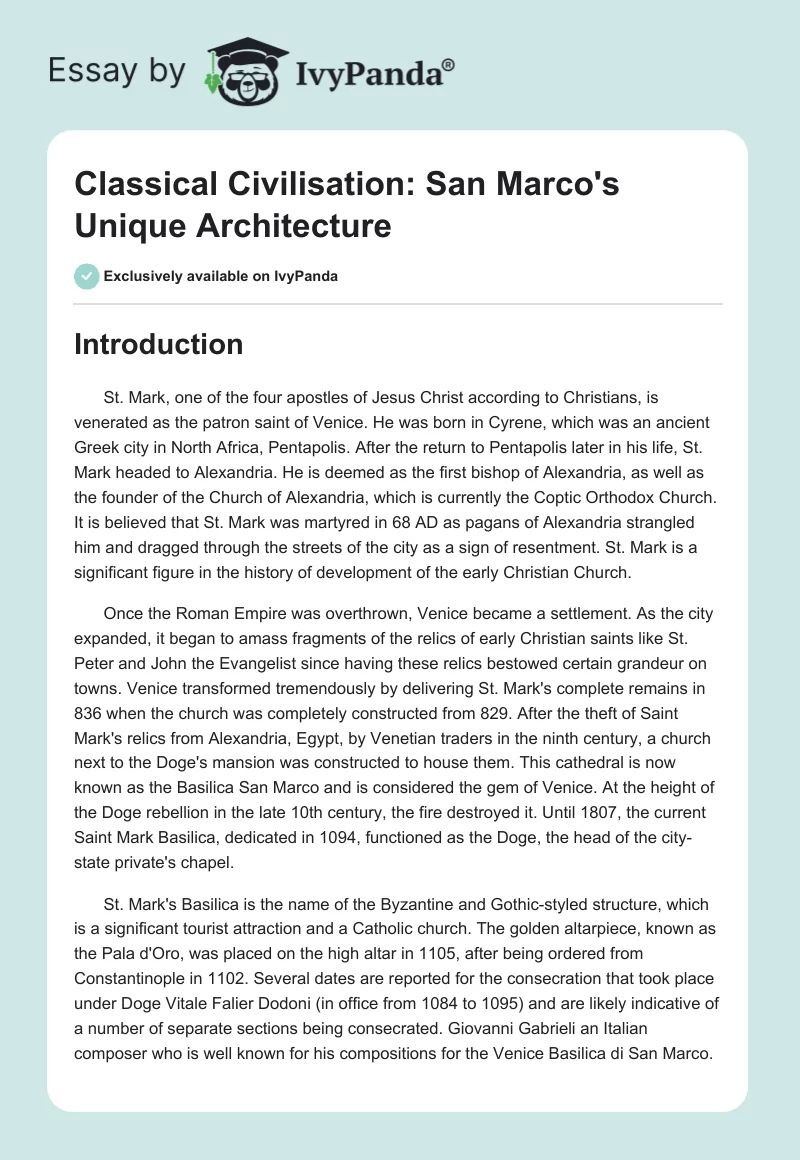 Classical Civilisation: San Marco's Unique Architecture. Page 1