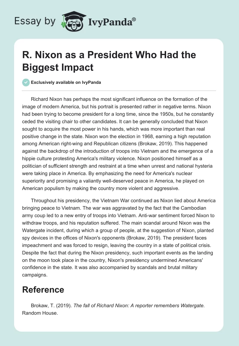 R. Nixon as a President Who Had the Biggest Impact. Page 1