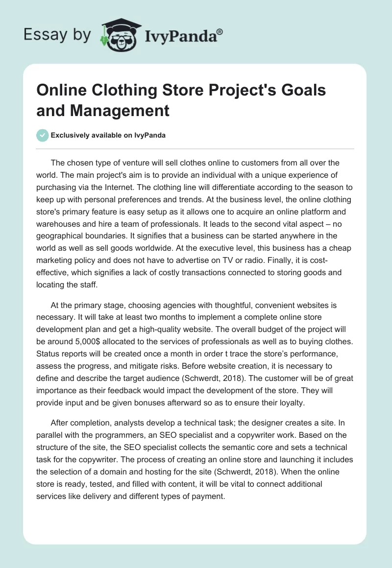 Online Clothing Store Project's Goals and Management. Page 1