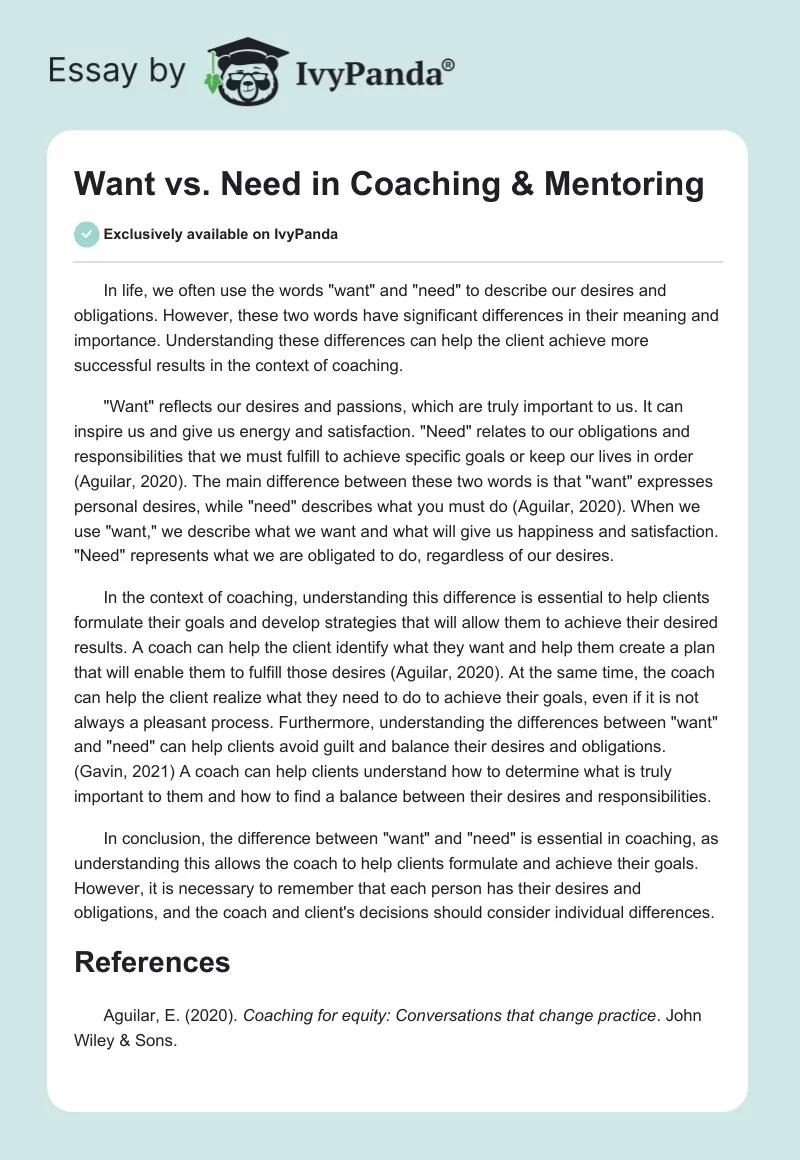 "Want" vs. "Need" in Coaching & Mentoring. Page 1