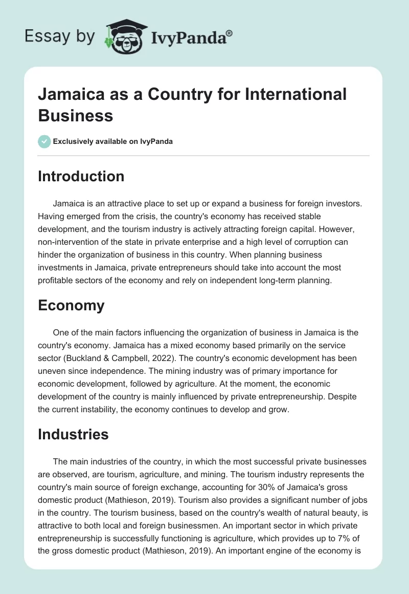 Jamaica as a Country for International Business. Page 1