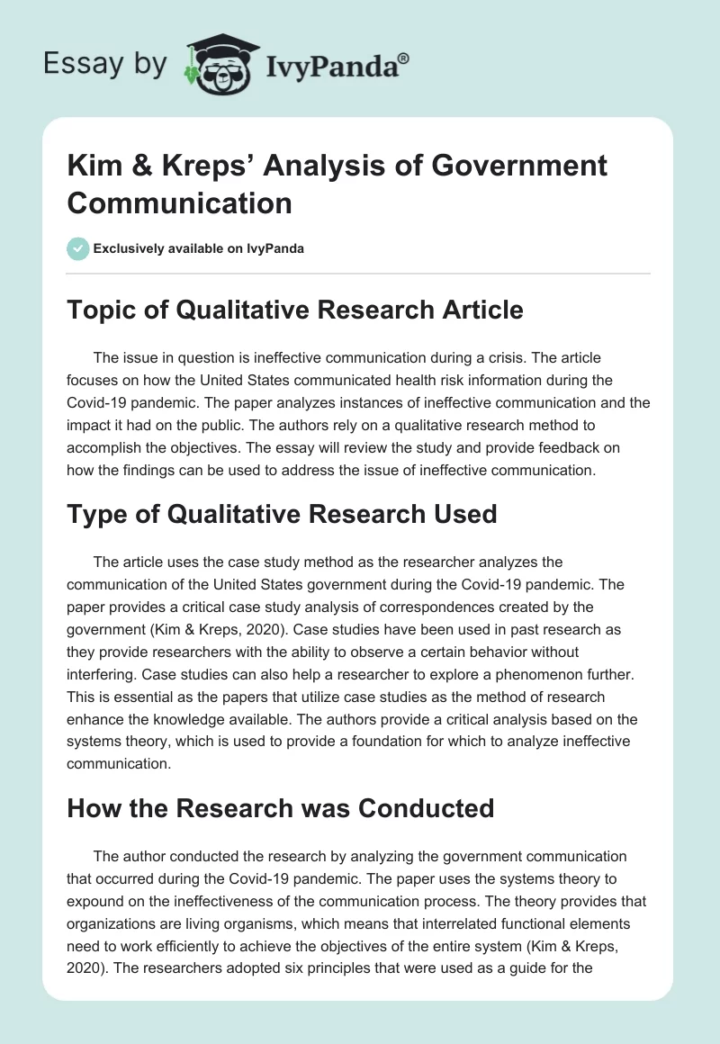 Kim & Kreps’ Analysis of Government Communication. Page 1