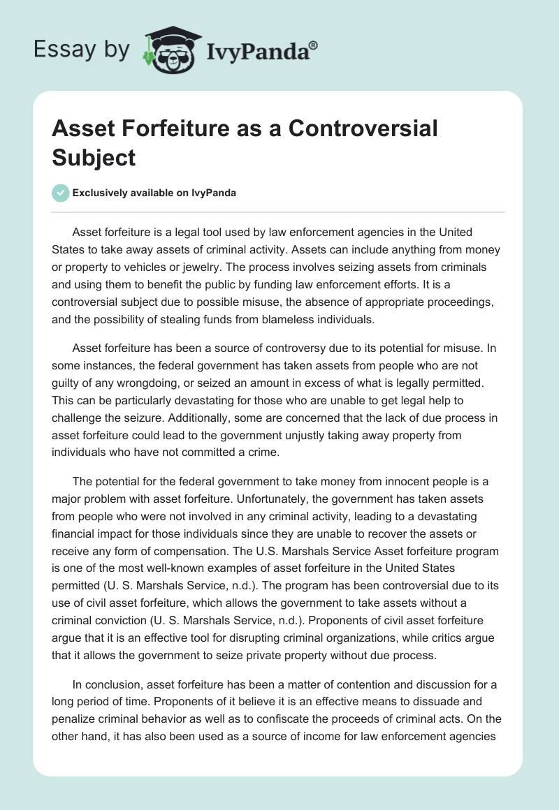 Asset Forfeiture as a Controversial Subject. Page 1