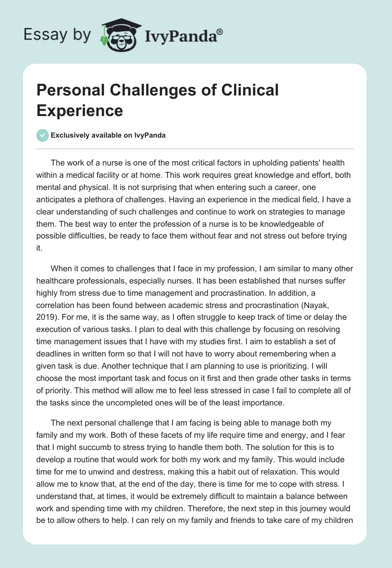 Personal Challenges of Clinical Experience. Page 1