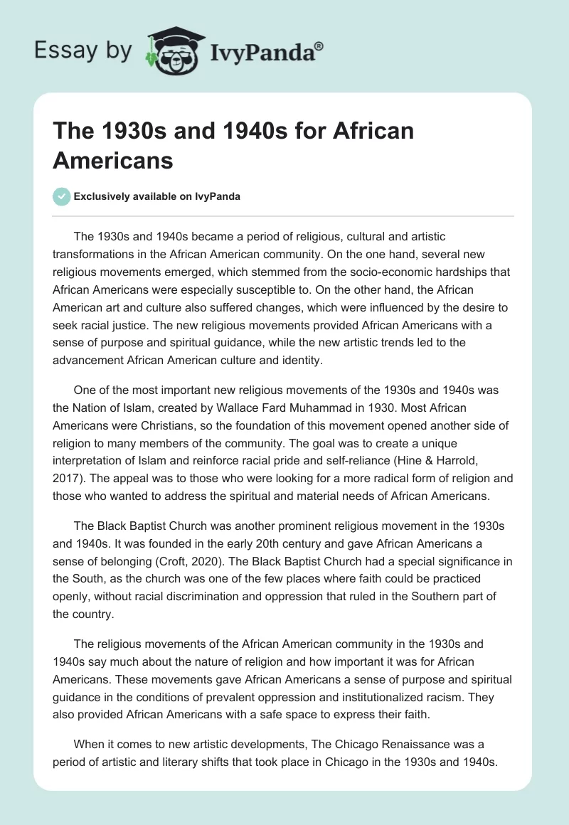 The 1930s and 1940s for African Americans. Page 1