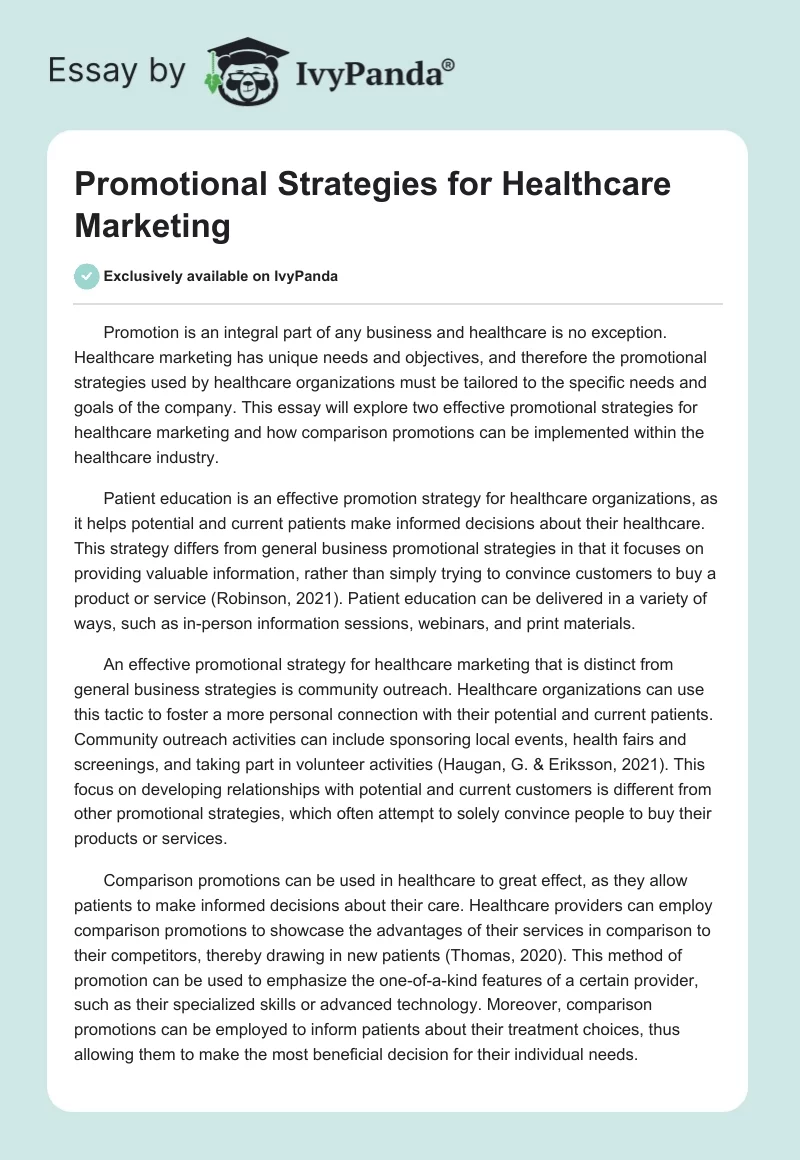 Promotional Strategies for Healthcare Marketing. Page 1