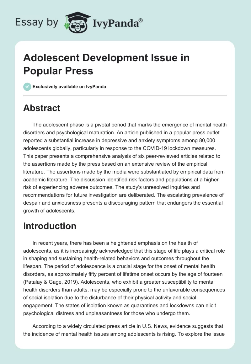 Adolescent Development Issue in Popular Press - 1743 Words | Term Paper ...