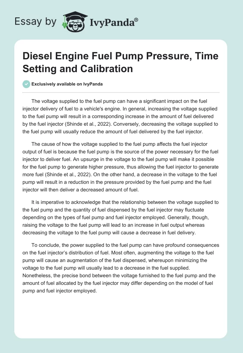 Diesel Engine Fuel Pump Pressure, Time Setting and Calibration. Page 1