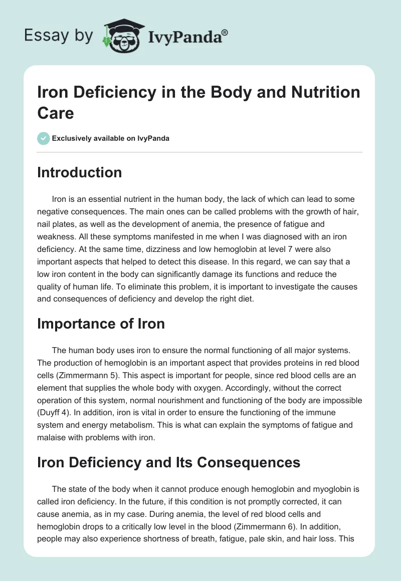 Iron Deficiency in the Body and Nutrition Care. Page 1