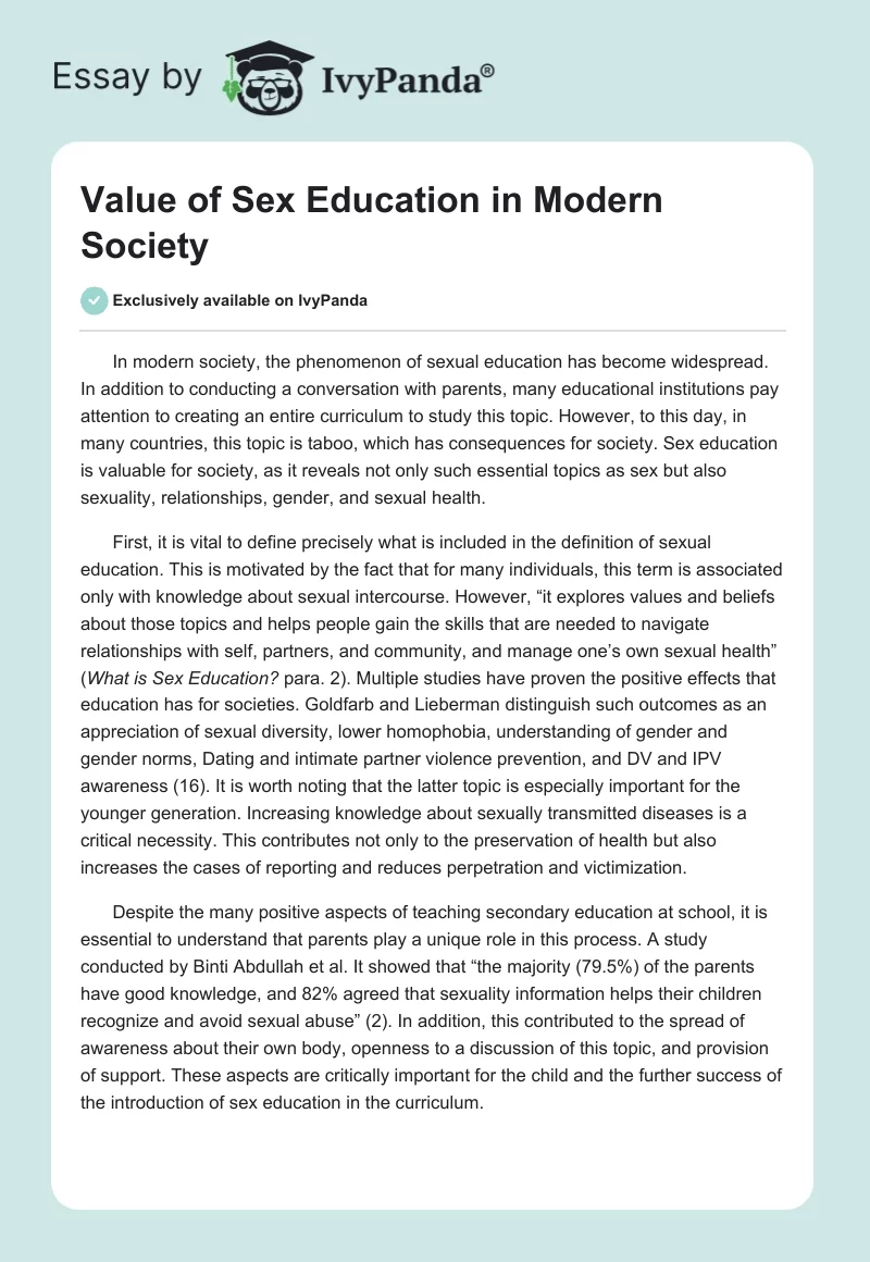 Value of Sex Education in Modern Society. Page 1