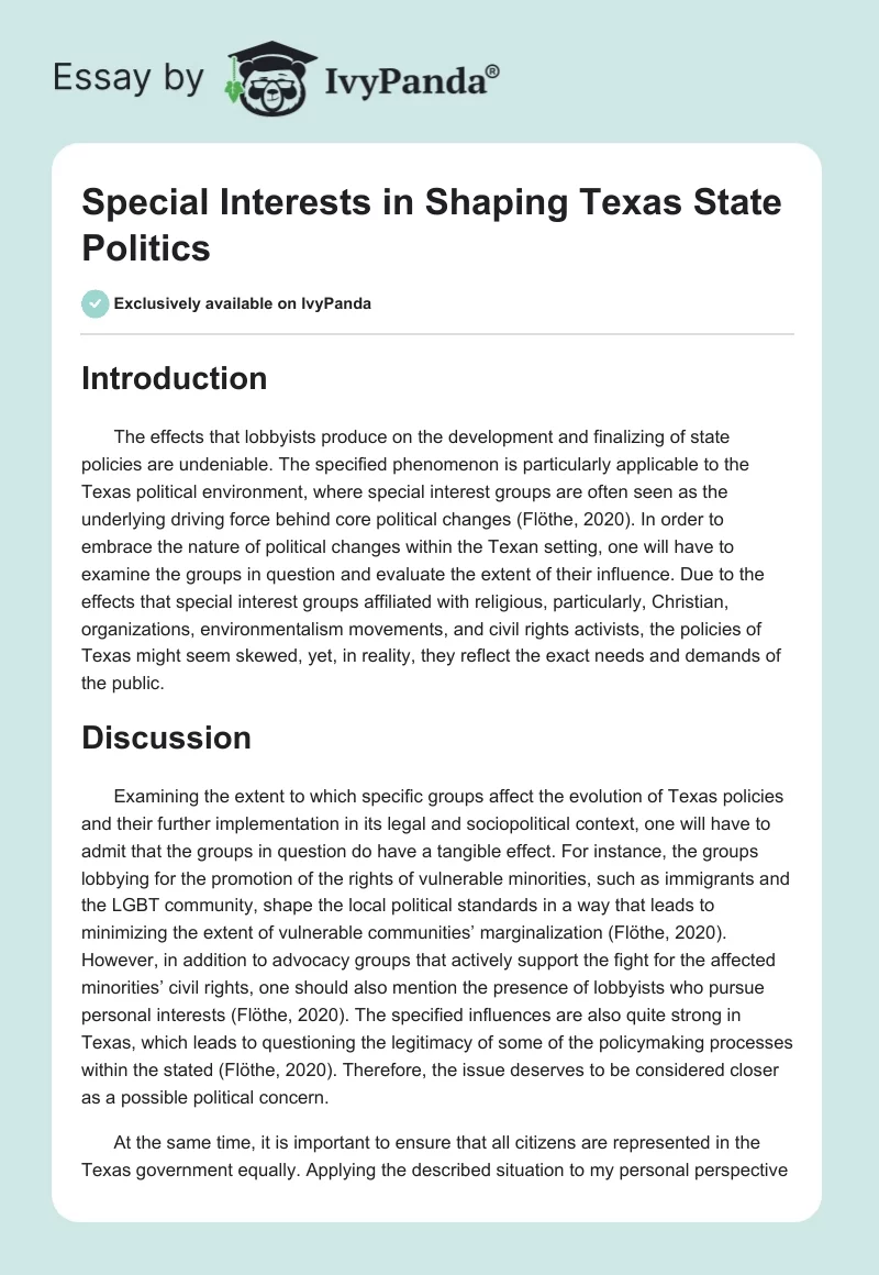 Special Interests in Shaping Texas State Politics. Page 1