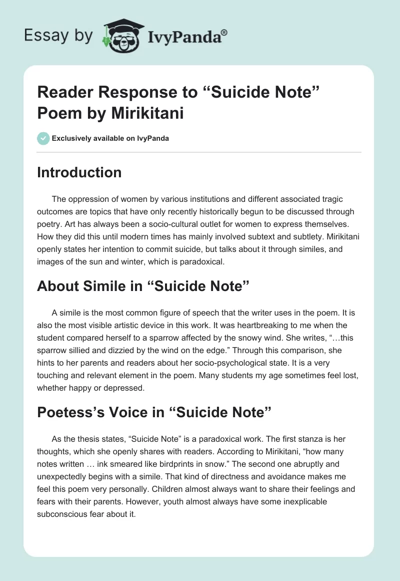 Reader Response to “Suicide Note” Poem by Mirikitani. Page 1