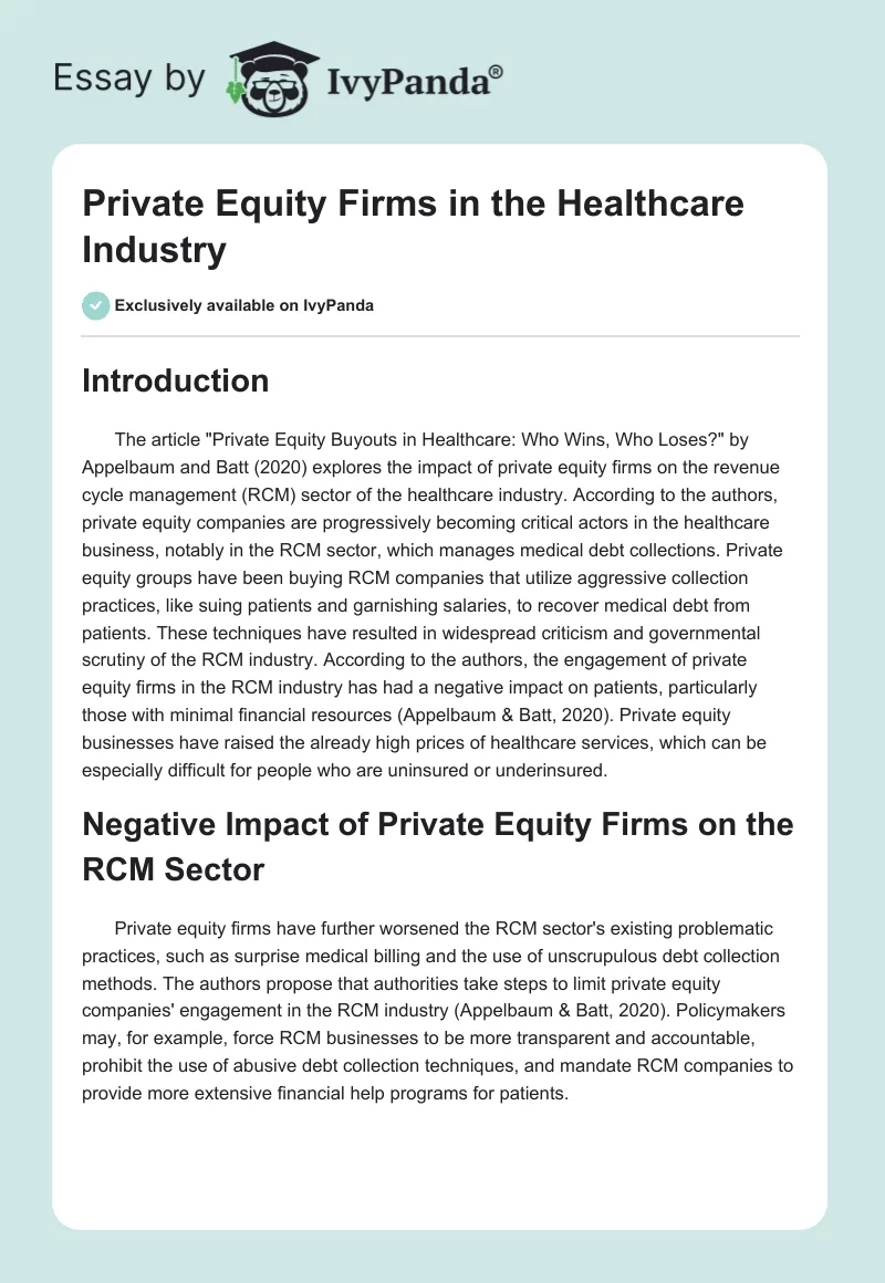 Private Equity Firms in the Healthcare Industry. Page 1