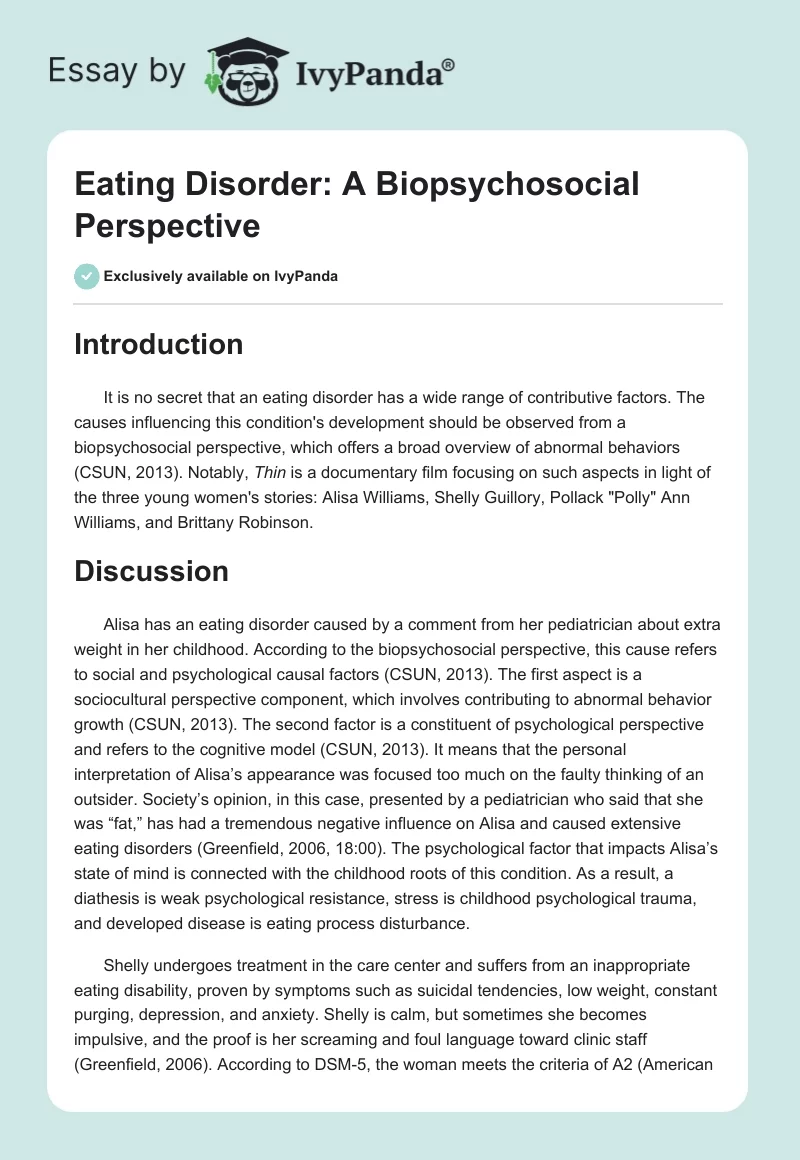 Eating Disorder: A Biopsychosocial Perspective. Page 1