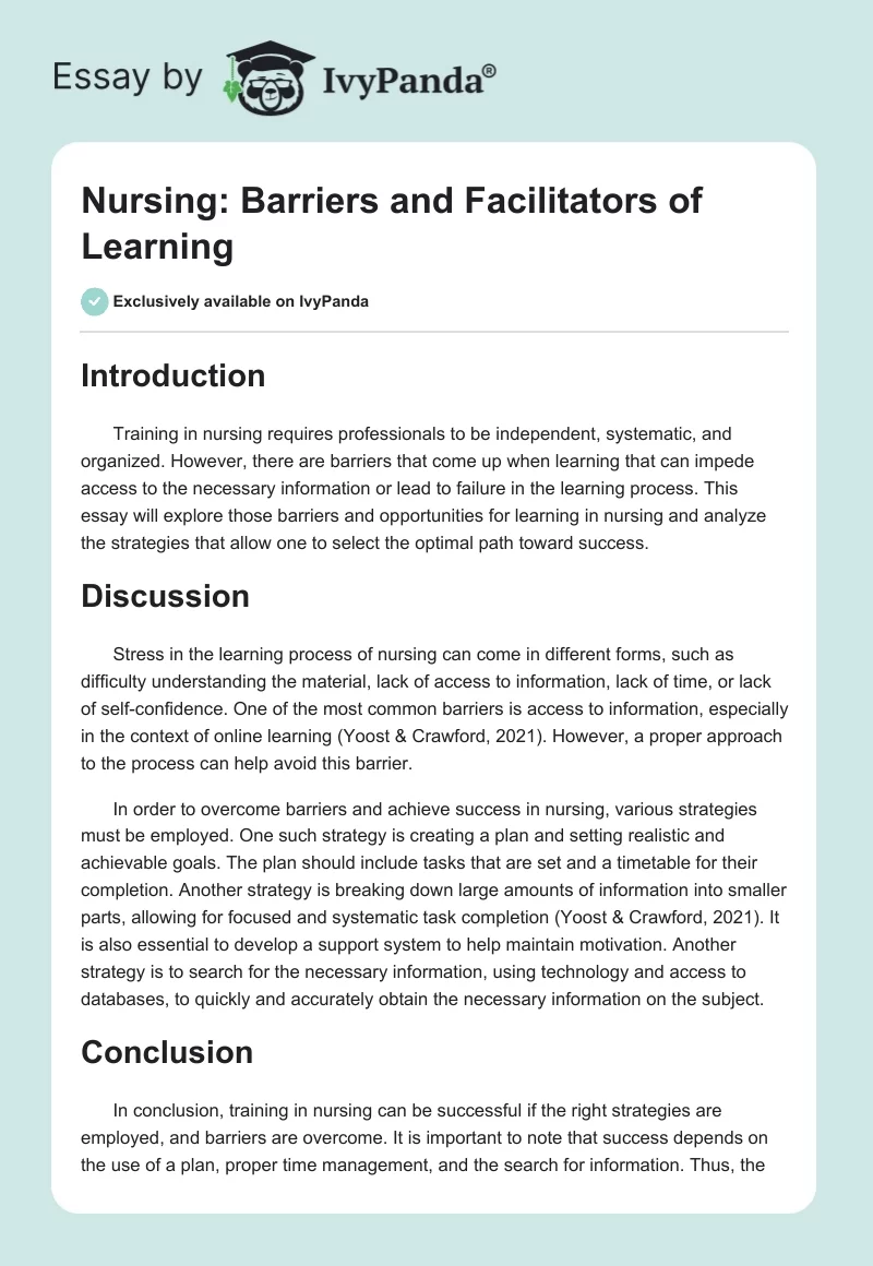 Nursing: Barriers and Facilitators of Learning. Page 1