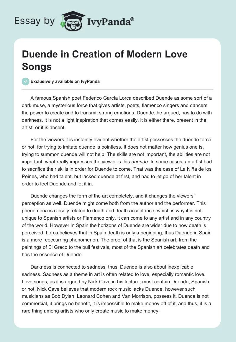 Duende in Creation of Modern Love Songs. Page 1