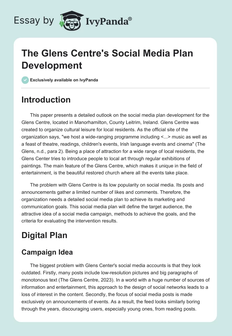 The Glens Centre's Social Media Plan Development. Page 1