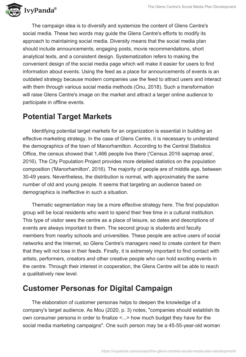 The Glens Centre's Social Media Plan Development. Page 2