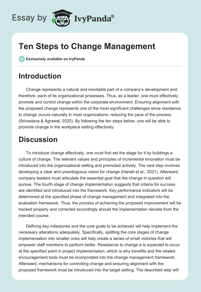 Ten Steps to Change Management. Page 1