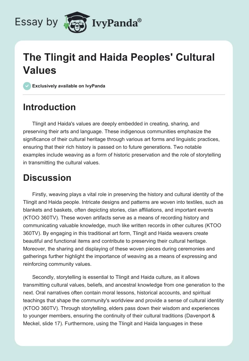 The Tlingit and Haida Peoples' Cultural Values. Page 1