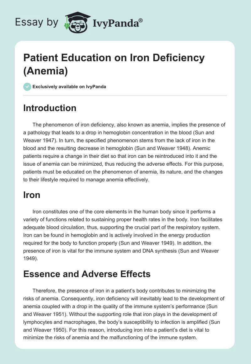 Patient Education on Iron Deficiency (Anemia). Page 1