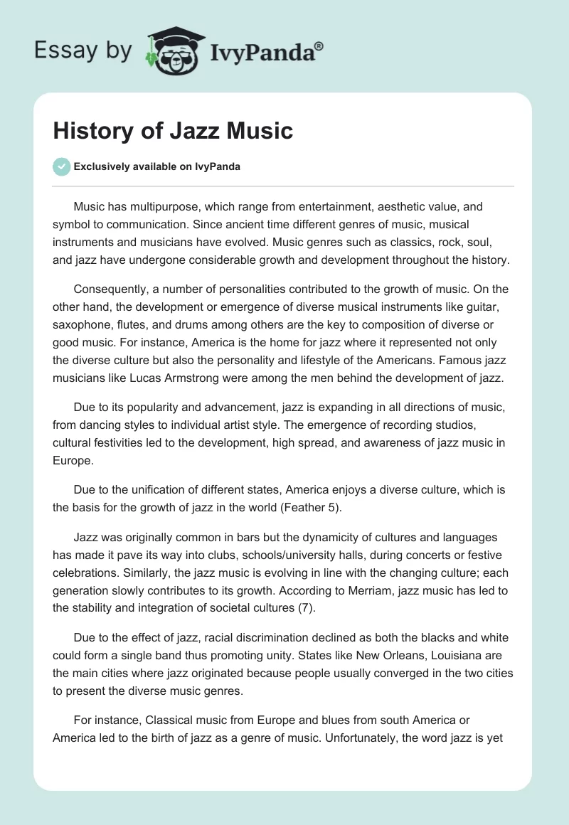 History of Jazz Music. Page 1