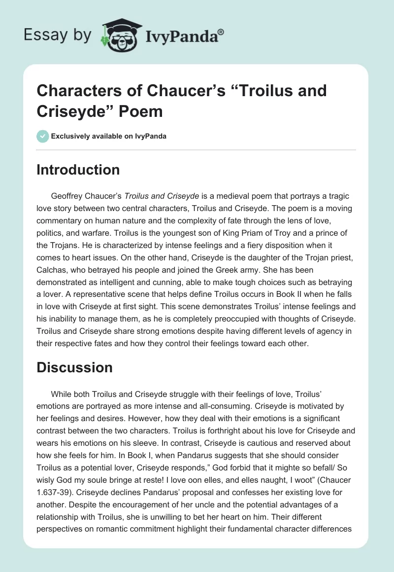 Characters of Chaucer’s “Troilus and Criseyde” Poem. Page 1