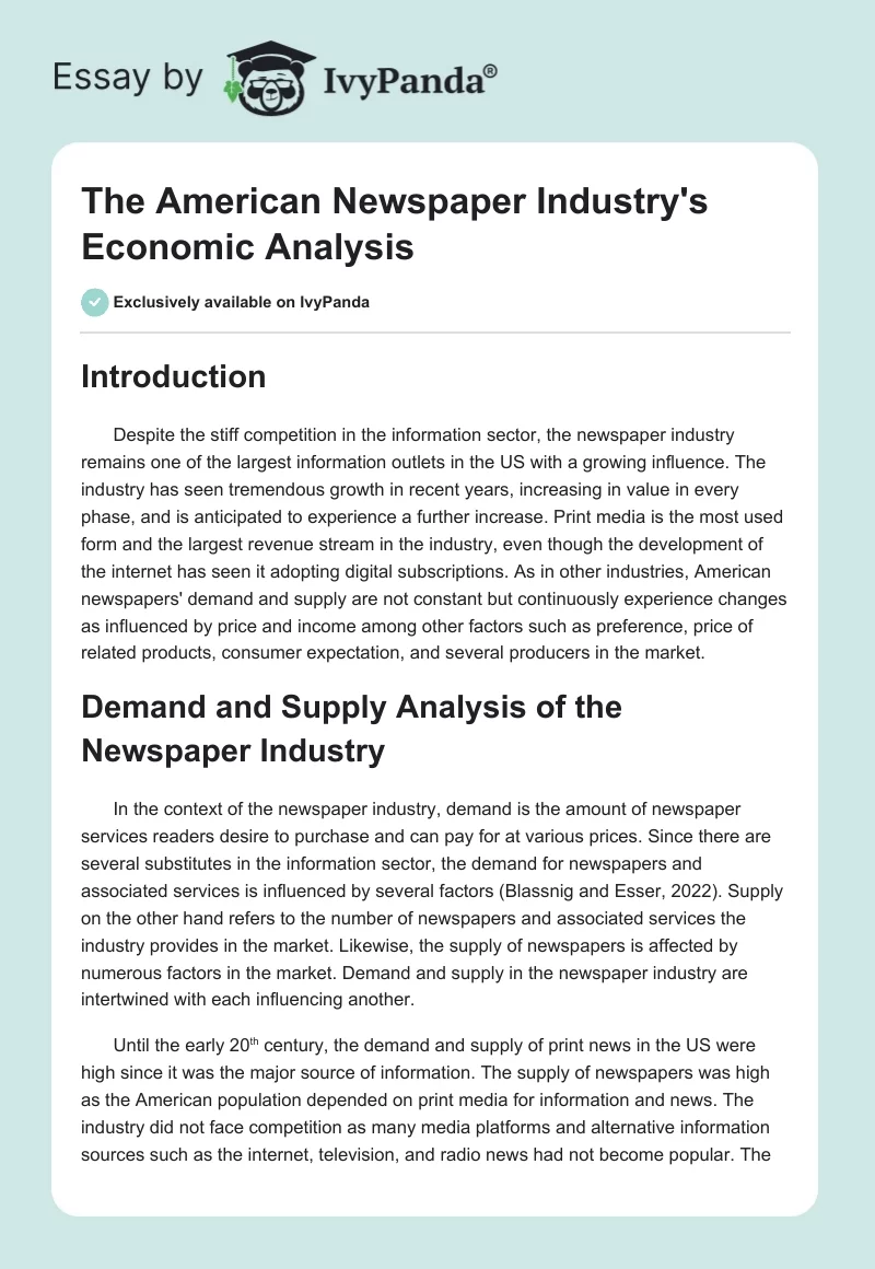 The American Newspaper Industry's Economic Analysis. Page 1