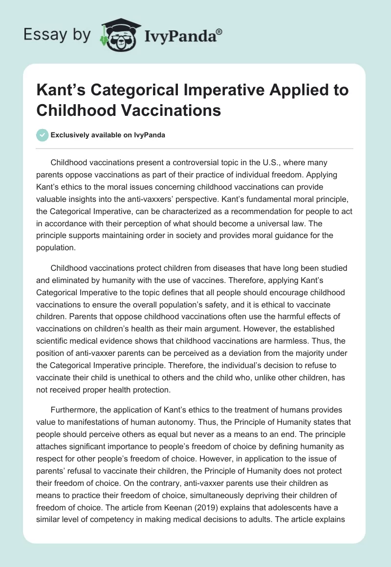 Kant’s Categorical Imperative Applied to Childhood Vaccinations. Page 1