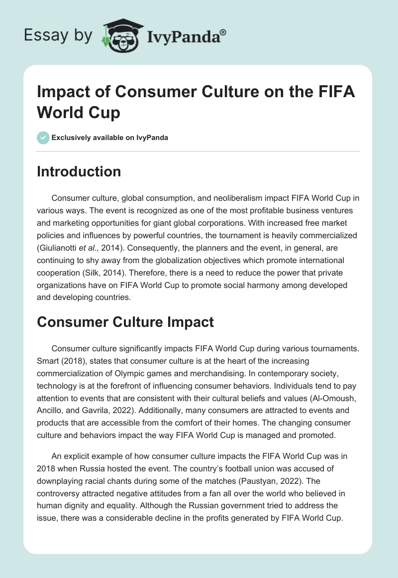 Impact of Consumer Culture on the FIFA World Cup. Page 1