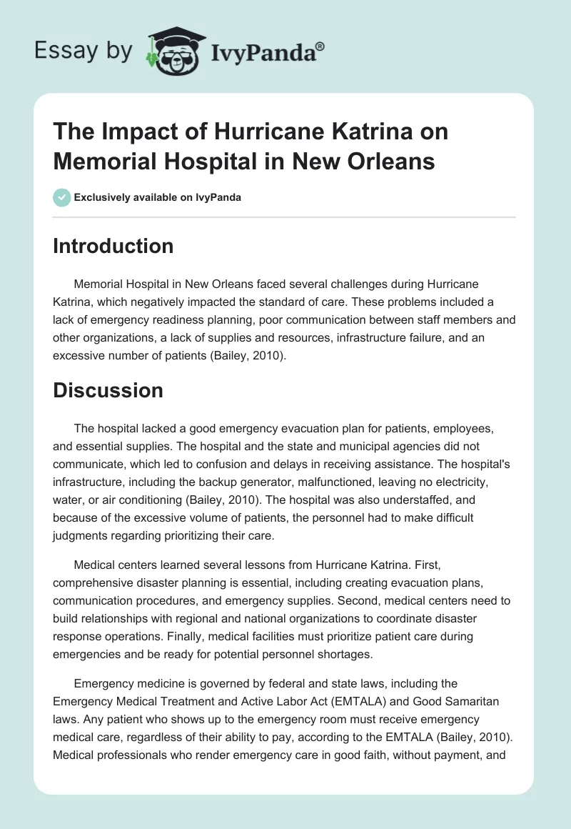 The Impact of Hurricane Katrina on Memorial Hospital in New Orleans. Page 1