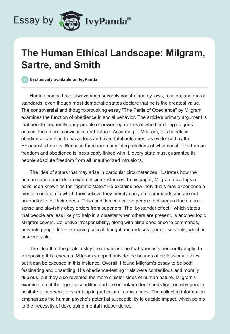 The Human Ethical Landscape: Milgram, Sartre, and Smith. Page 1