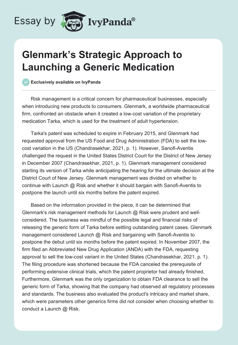 Glenmark’s Strategic Approach to Launching a Generic Medication. Page 1