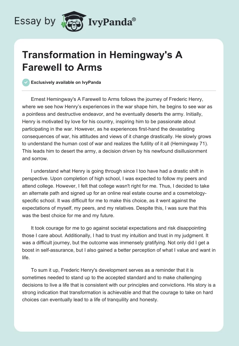 Transformation in Hemingway's "A Farewell to Arms". Page 1