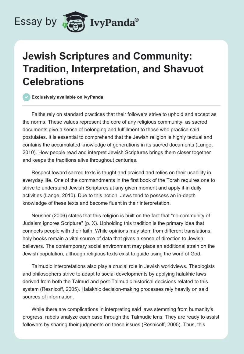 Jewish Scriptures and Community: Tradition, Interpretation, and Shavuot Celebrations. Page 1