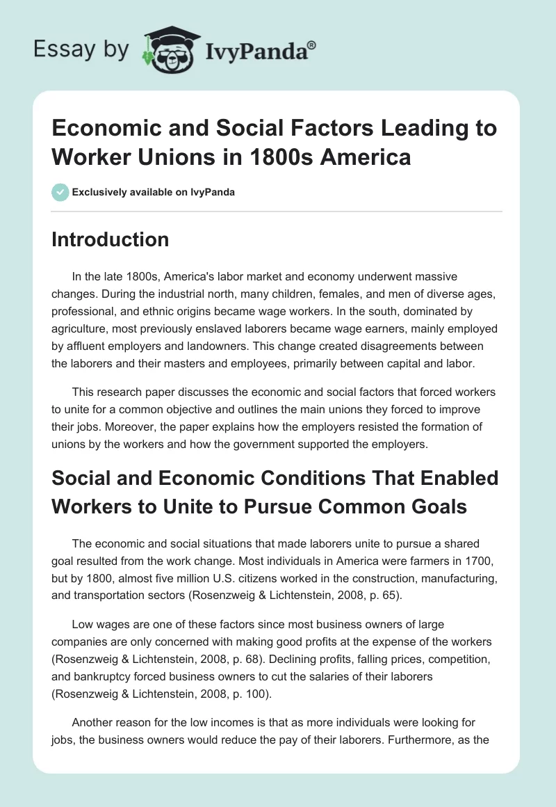 Economic and Social Factors Leading to Worker Unions in 1800s America. Page 1